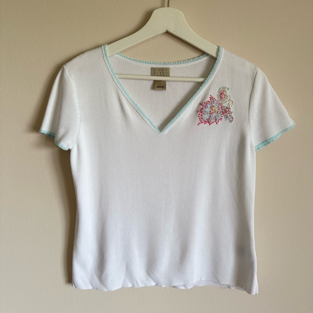 Sigrid Olsen Sport Women's White Sweet Spirit Short Sleeve Knit Top Beaded M